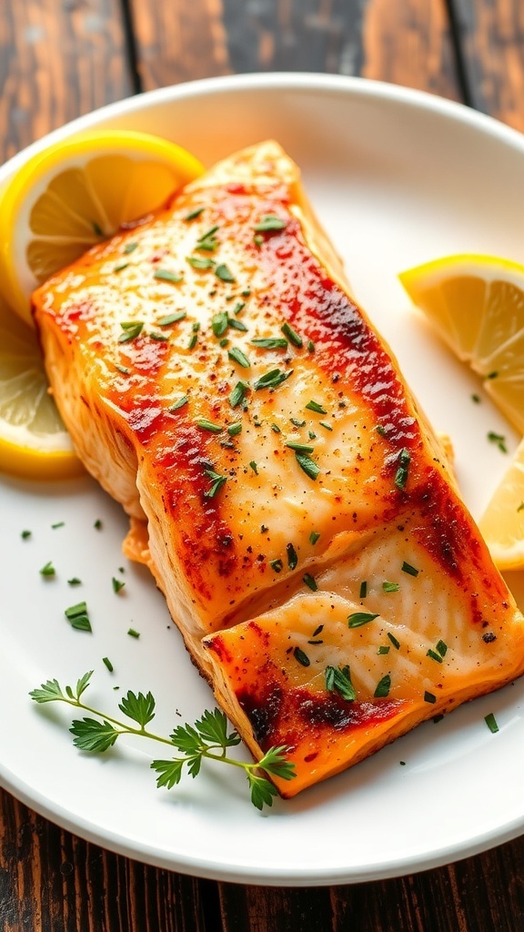 Crispy air fryer salmon fillet garnished with herbs and lemon wedges on a white plate.